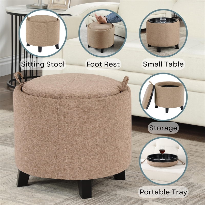 Designs4Comfort Oscar Storage Ottoman with Reversible Tray in Tan Fabric