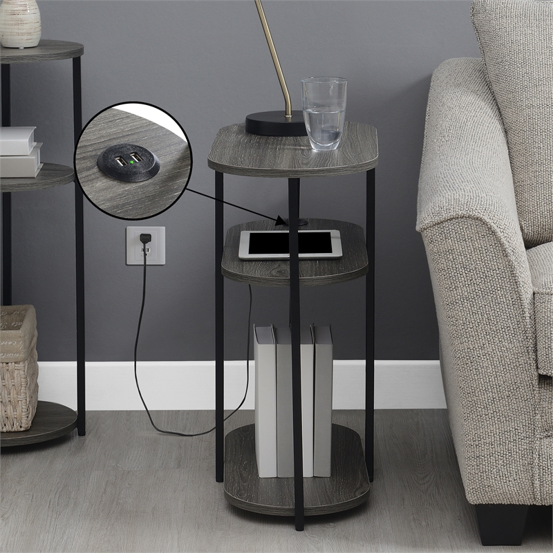 Designs2Go Simon Three-Tier Oval Chairside End Table with USB Ports in Gray Wood