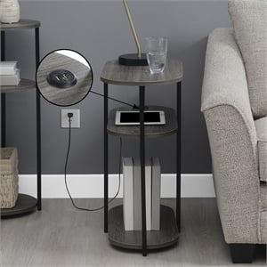 Designs2Go Simon Three-Tier Oval Chairside End Table with USB Ports in Gray Wood