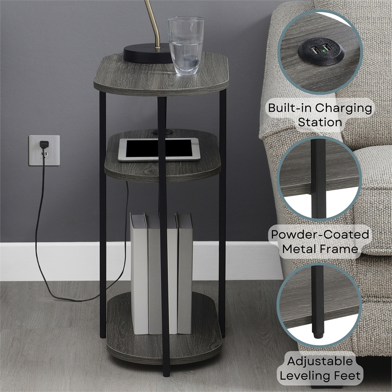 Designs2Go Simon Three-Tier Oval Chairside End Table with USB Ports in Gray Wood
