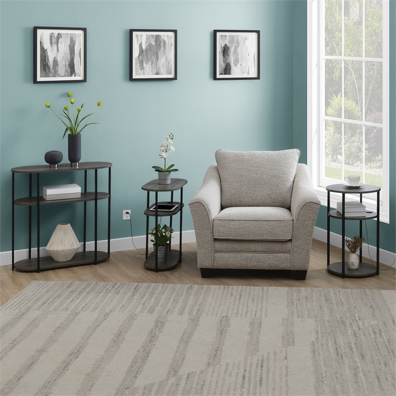 Designs2Go Simon Three-Tier Oval Chairside End Table with USB Ports in Gray Wood