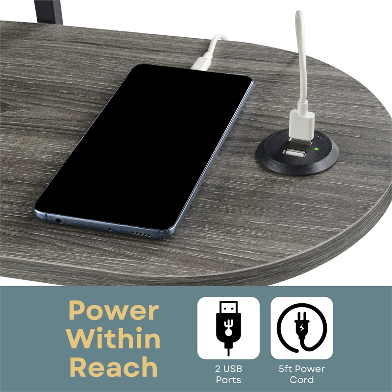 Designs2Go Simon Three-Tier Oval Chairside End Table with USB Ports in Gray Wood