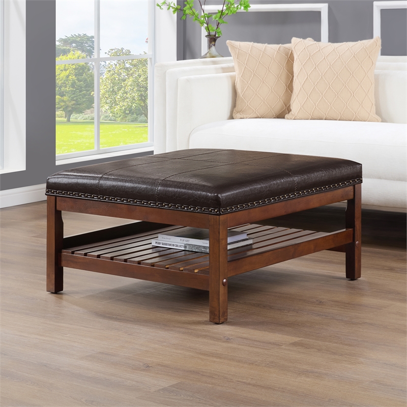 Designs4Comfort Silverton Coffee Table Ottoman w/Shelf in Espresso Faux Leather