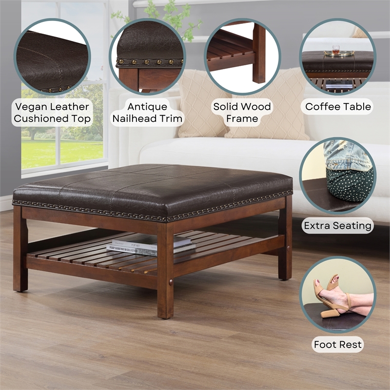 Designs4Comfort Silverton Coffee Table Ottoman w/Shelf in Espresso Faux Leather