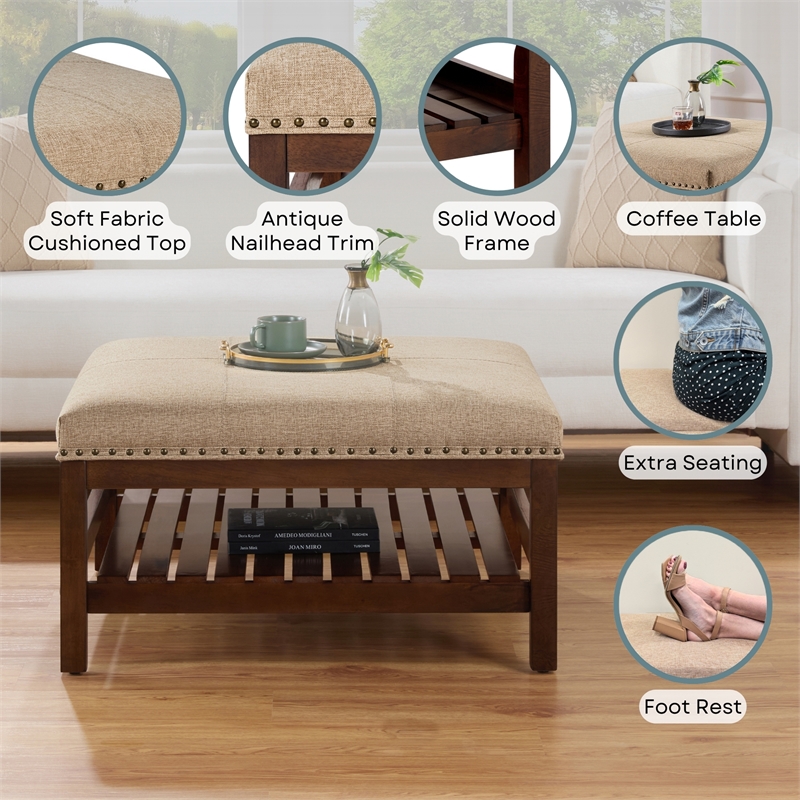Designs4Comfort Silverton Coffee Table Cocktail Ottoman w/ Shelf in Beige Fabric