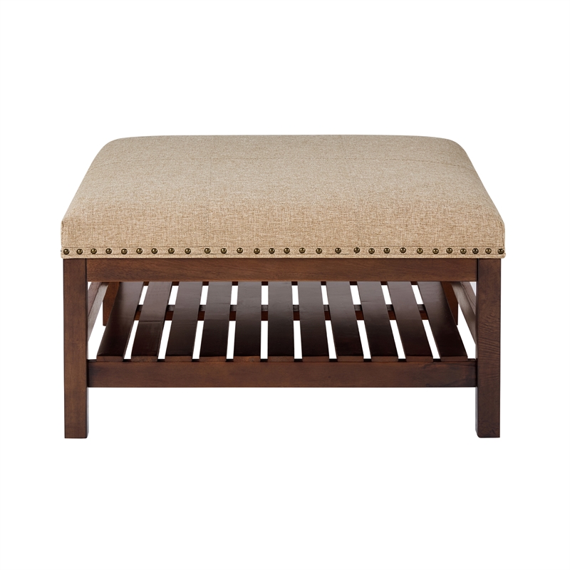 Designs4Comfort Silverton Coffee Table Cocktail Ottoman w/ Shelf in Beige Fabric