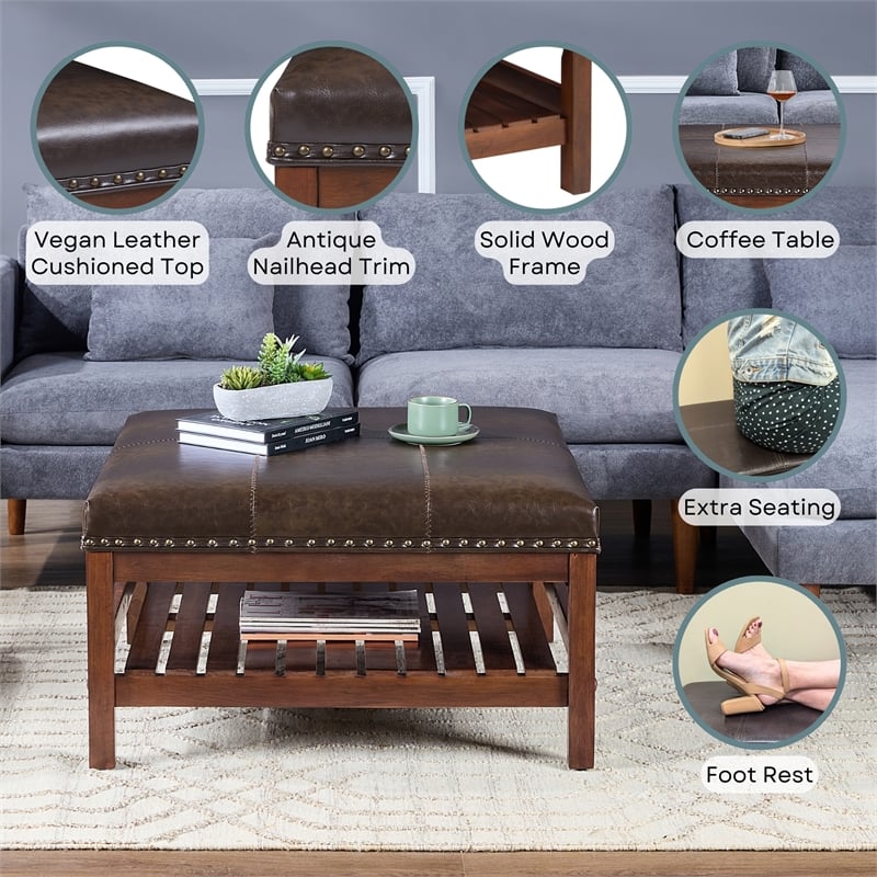 Designs4Comfort Silverton Coffee Table Ottoman w/Shelf in Brown Faux Leather