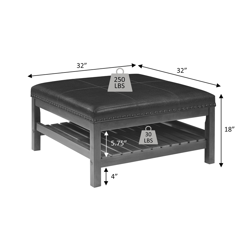 Designs4Comfort Silverton Coffee Table Ottoman w/Shelf in Brown Faux Leather