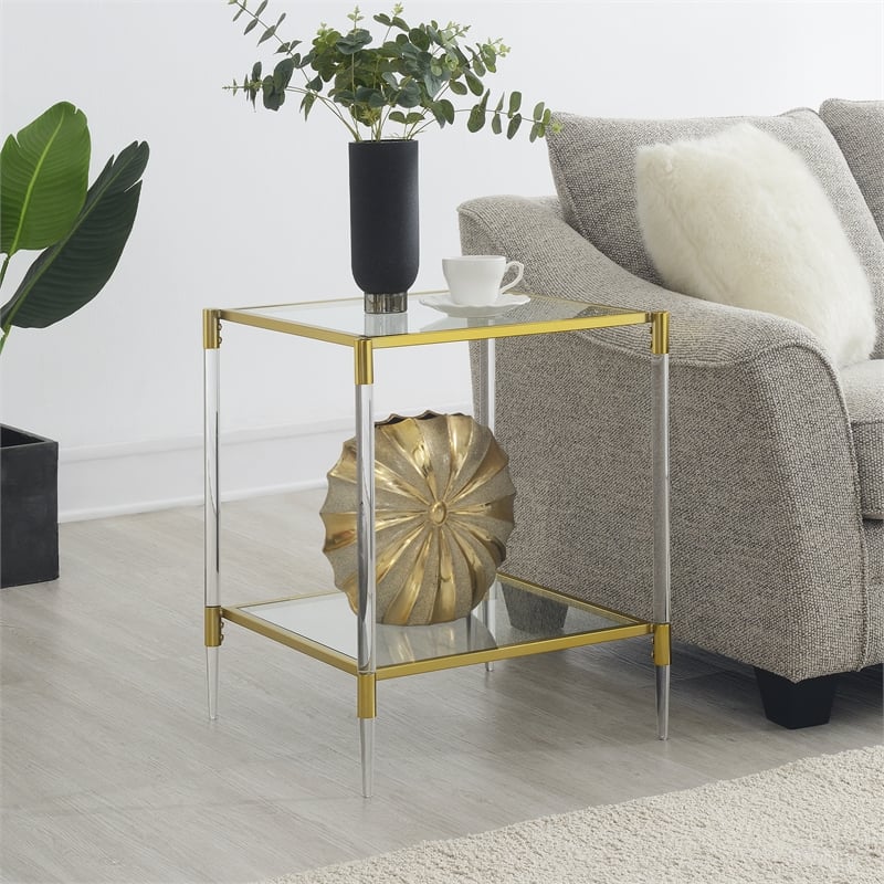 Royal Crest Two-Tier Acrylic Clear Glass Square End Table in Gold Chrome Finish