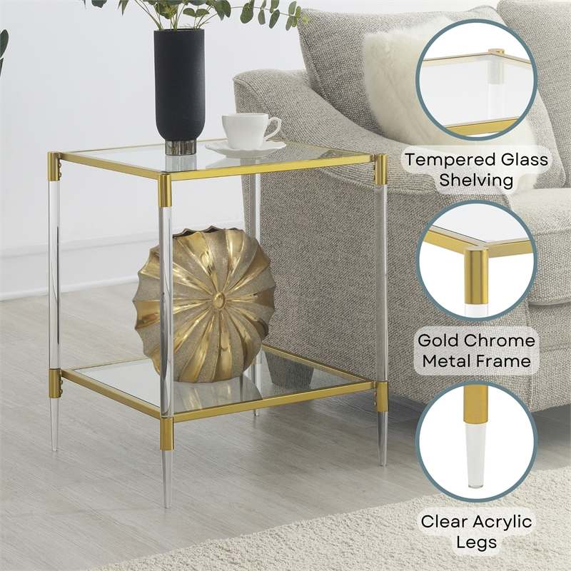 Royal Crest Two-Tier Acrylic Clear Glass Square End Table in Gold Chrome Finish