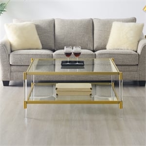 Royal Crest Two-Tier Acrylic Clear Glass Square Coffee Table in Gold Chrome