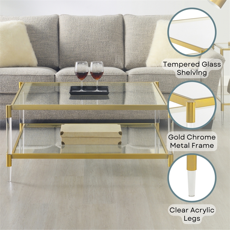 Royal Crest Two-Tier Acrylic Clear Glass Square Coffee Table in Gold Chrome