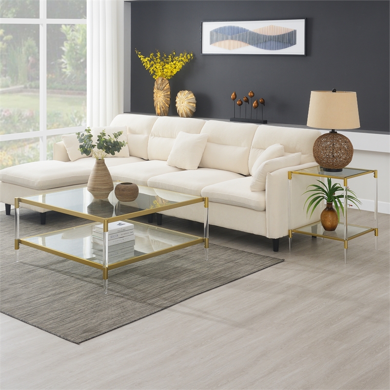 Royal Crest Two-Tier Acrylic Clear Glass Square Coffee Table in Gold Chrome