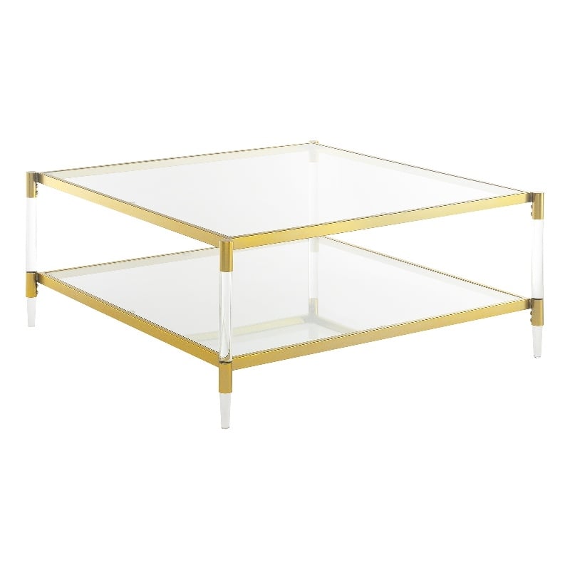 Royal Crest Two-Tier Acrylic Clear Glass Square Coffee Table in Gold Chrome