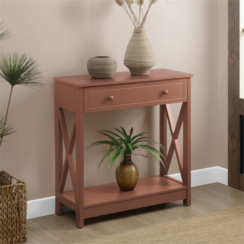 Oxford One-Drawer Entryway Hall Table with Shelf in Brown Wood Finish
