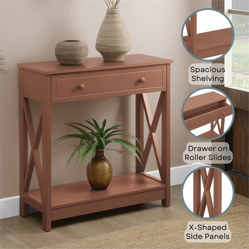 Oxford One-Drawer Entryway Hall Table with Shelf in Brown Wood Finish