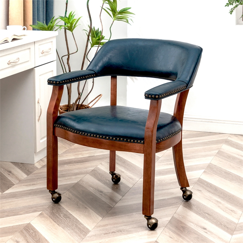 Take a Seat Dillon Armchair with Wheels in Blue Vegan Leather Fabric and Wood