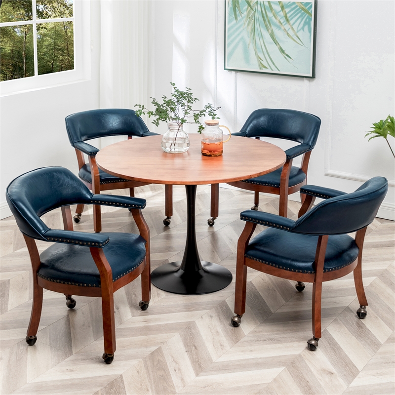 Take a Seat Dillon Armchair with Wheels in Blue Vegan Leather Fabric and Wood