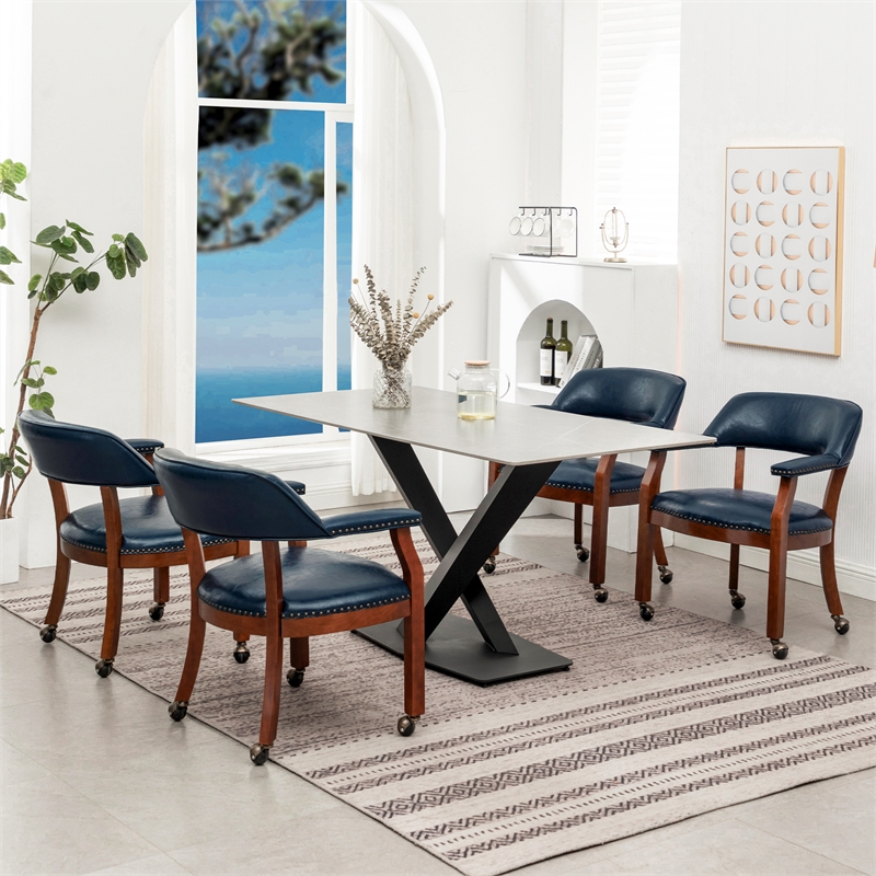 Take a Seat Dillon Armchair with Wheels in Blue Vegan Leather Fabric and Wood