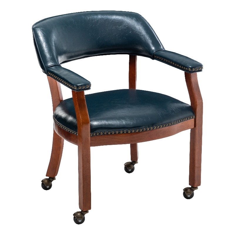 Take a Seat Dillon Armchair with Wheels in Blue Vegan Leather Fabric and Wood