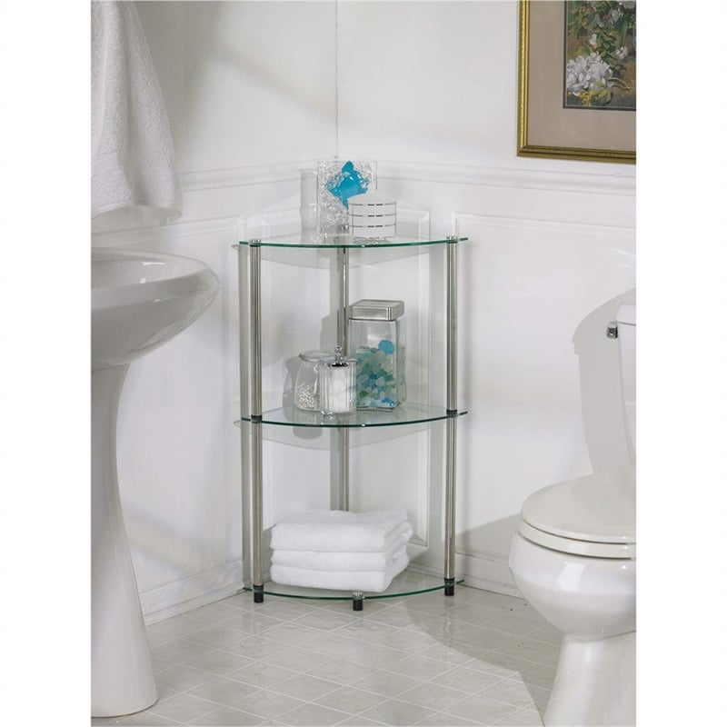 Convenience Concepts Classic Three-Tier Corner Shelf in Clear Glass