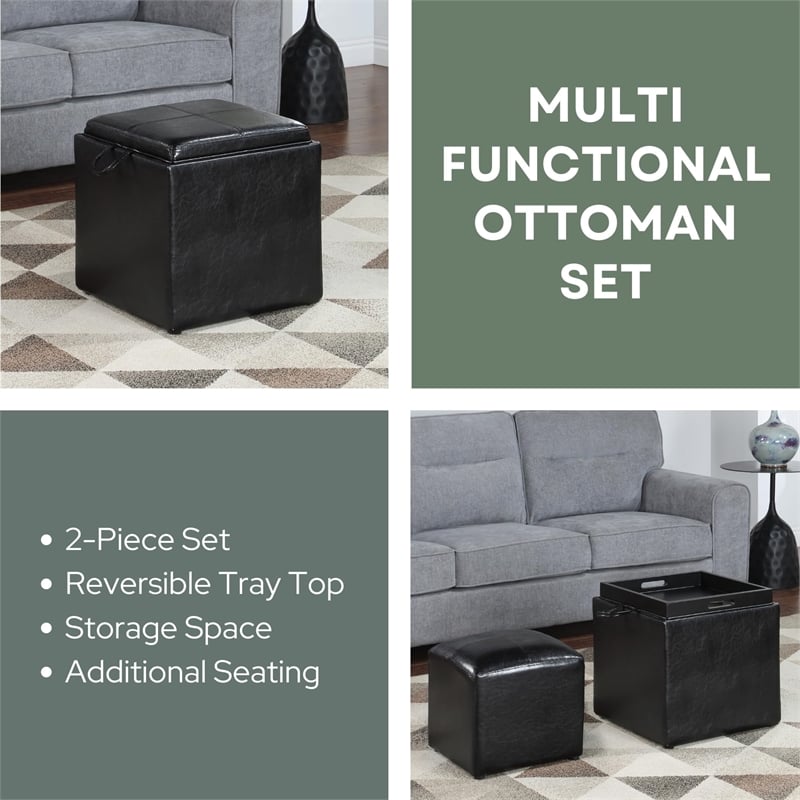 Convenience Concepts Park Avenue Faux Leather Cube Ottoman with Stool in Black