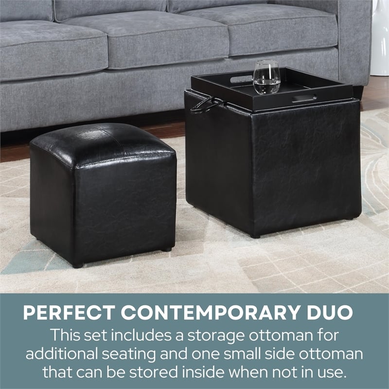 Convenience Concepts Park Avenue Faux Leather Cube Ottoman with Stool in Black