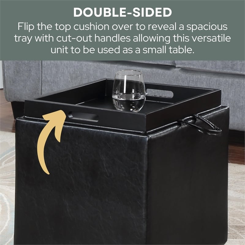 Convenience Concepts Park Avenue Faux Leather Cube Ottoman with Stool in Black