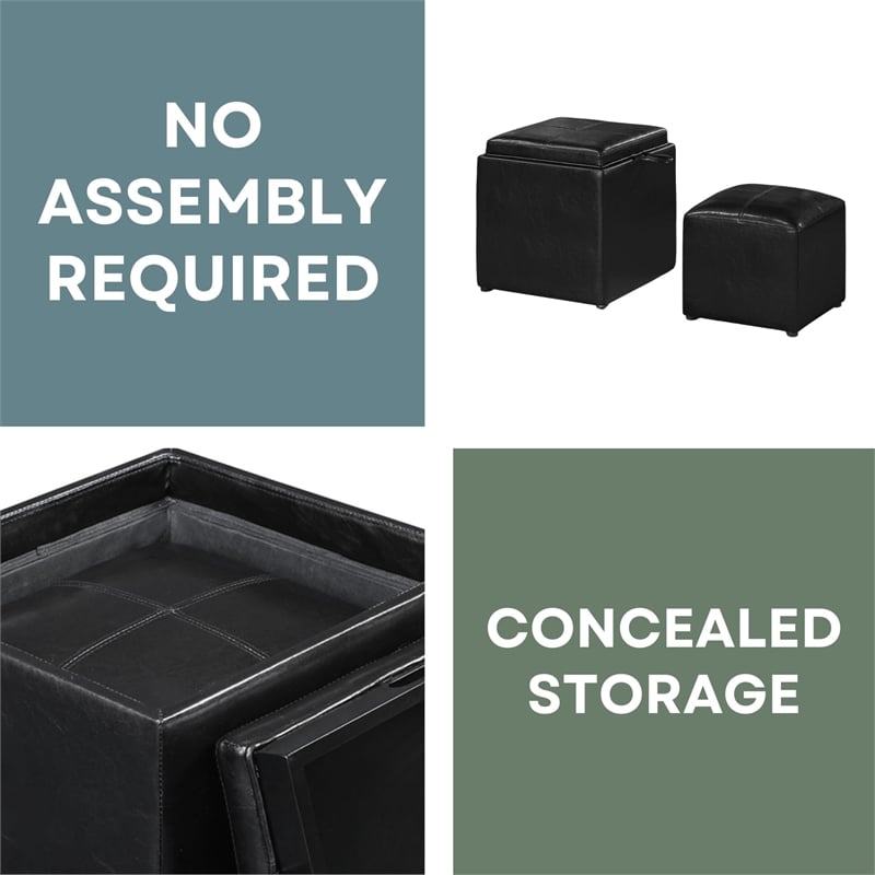 Convenience Concepts Park Avenue Faux Leather Cube Ottoman with Stool in Black