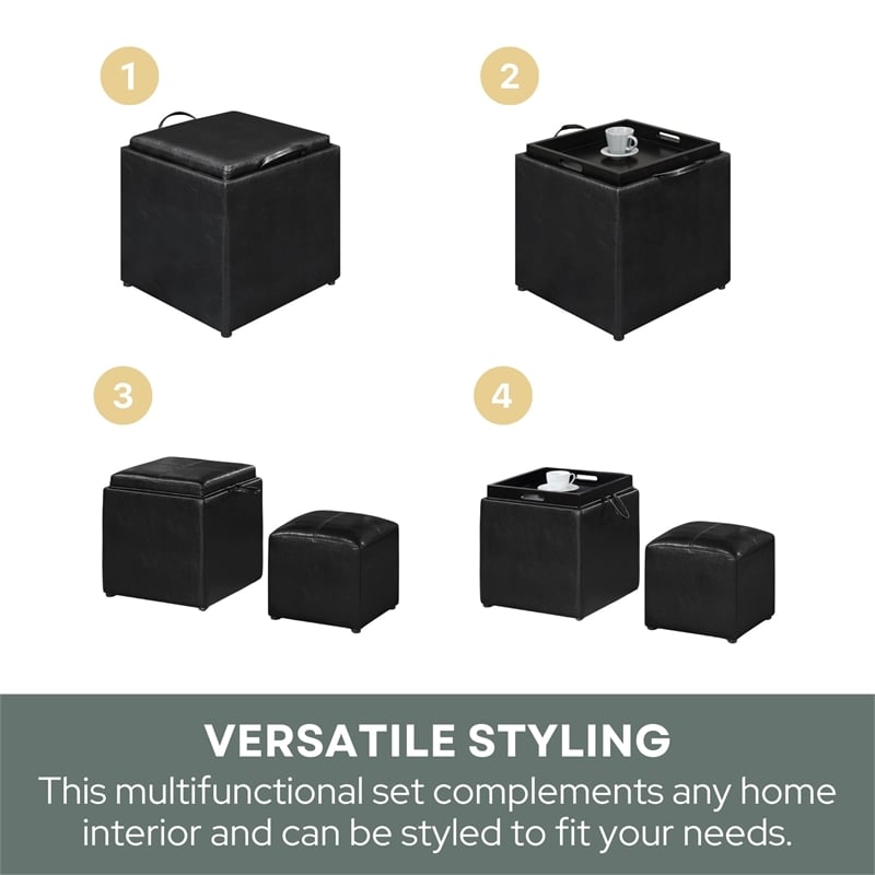 Convenience Concepts Park Avenue Faux Leather Cube Ottoman with Stool in Black