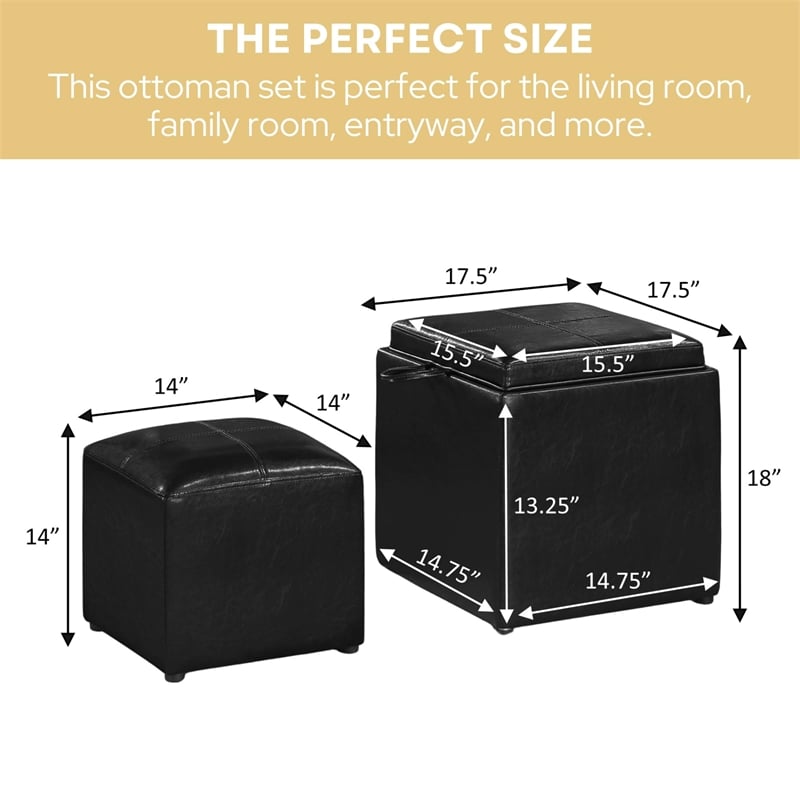 Convenience Concepts Park Avenue Faux Leather Cube Ottoman with Stool in Black