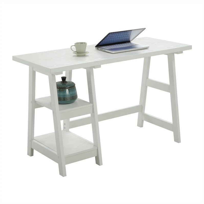 Convenience Concepts Designs2Go Trestle Desk with Shelves in White Wood Finish