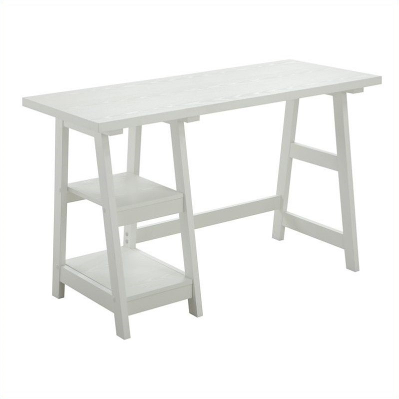 Convenience Concepts Designs2Go Trestle Desk with Shelves in White Wood Finish