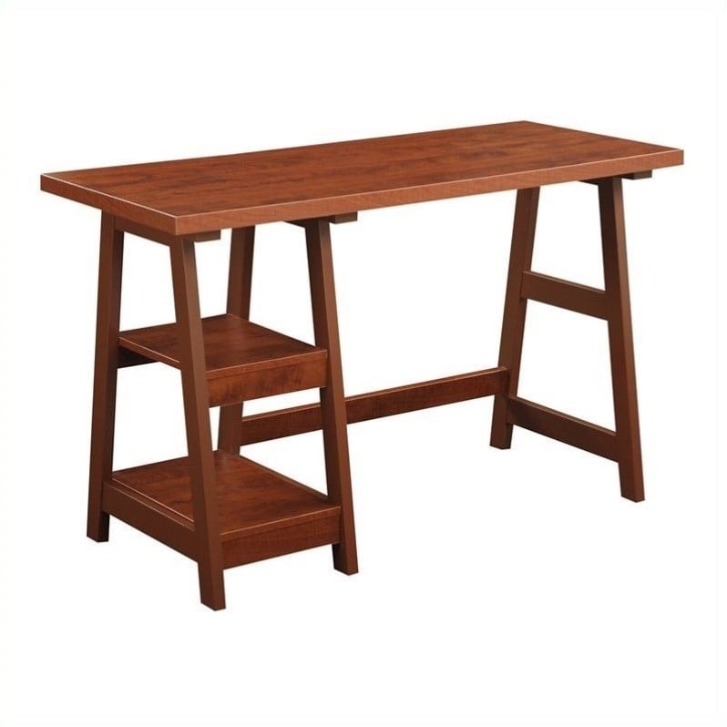 Convenience Concepts Designs2Go Trestle Desk in Cherry Wood Finish with Shelves