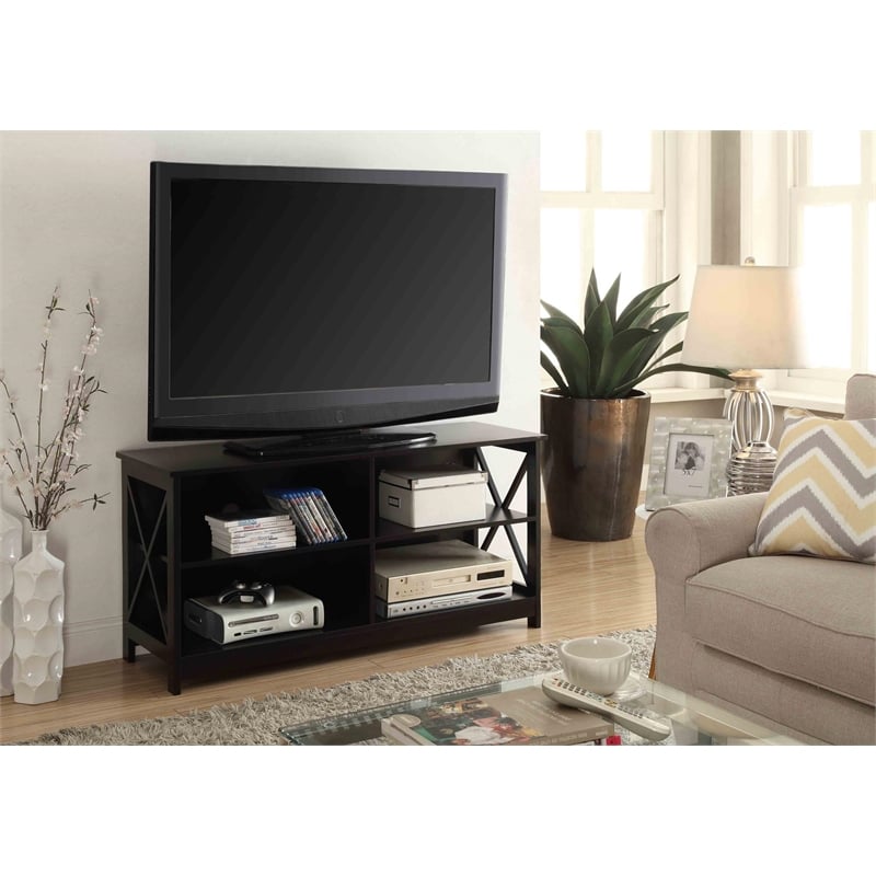 Convenience Concepts Oxford TV Stand in Black Wood Finish with Shelves