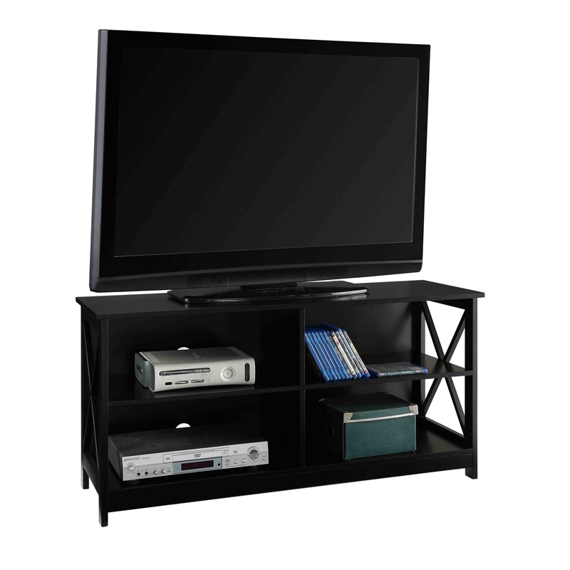 Convenience Concepts Oxford TV Stand in Black Wood Finish with Shelves