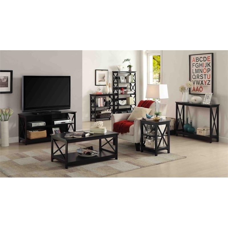 Convenience Concepts Oxford TV Stand in Black Wood Finish with Shelves