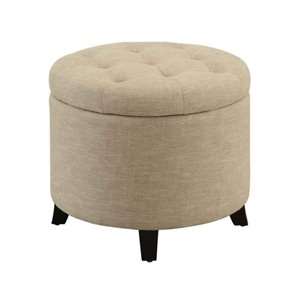designs4comfort round ottoman in off white tan upholstery with wood legs