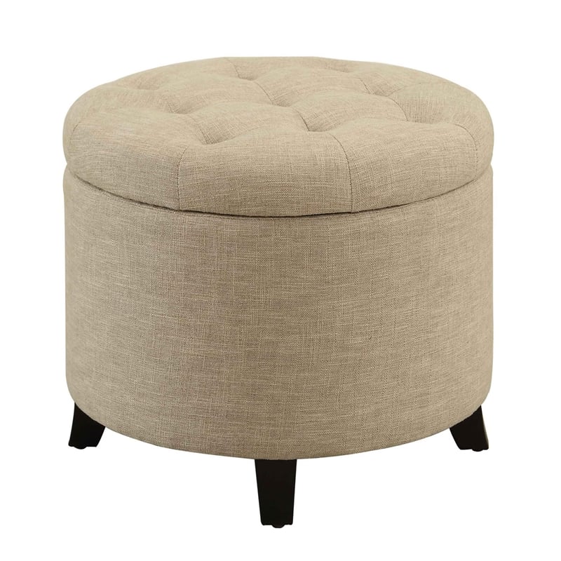 Designs4Comfort Round Ottoman in Off White Tan Upholstery with Wood Legs