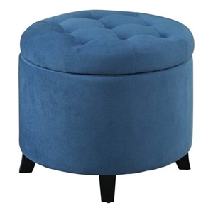designs4comfort round ottoman in blue upholstered finish with wood legs
