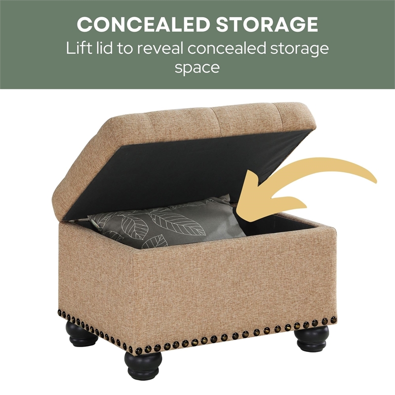 Designs4Comfort 5th Avenue Storage Ottoman in Beige Tan Fabric & Nail Head Trim