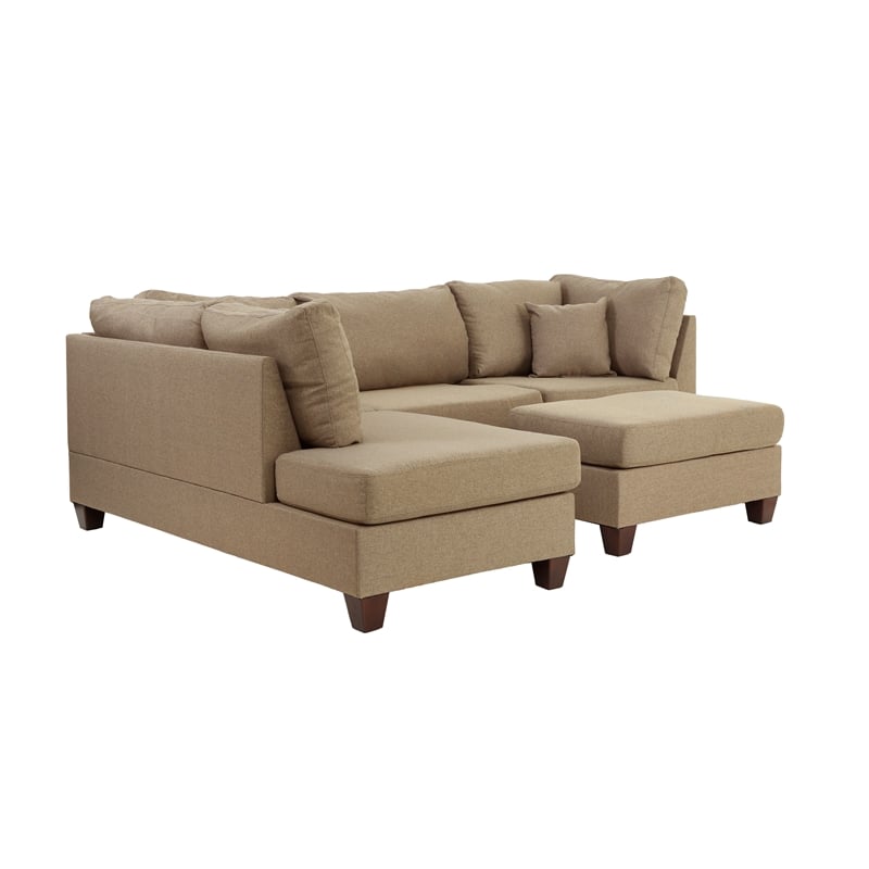Poundex 3 Piece Fabric Sectional Sofa Set with Ottoman in Sand Brown