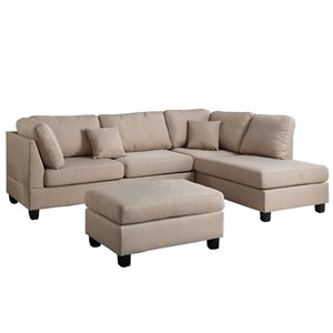 Poundex 3 Piece Fabric Sectional Sofa Set with Ottoman in Sand Brown