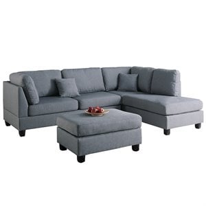 Poundex 3 Piece Fabric Sectional Sofa Set with Ottoman in Gray