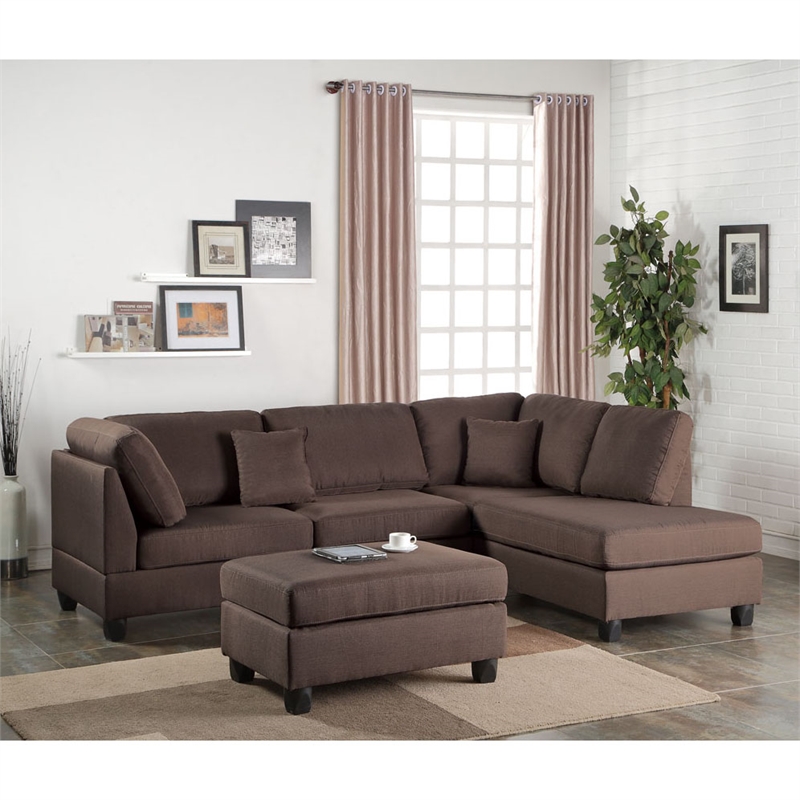 Poundex 3 Piece Fabric Sectional Sofa Set with Ottoman in Chocolate Brown