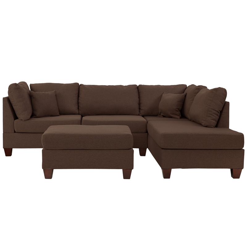 Poundex 3 Piece Fabric Sectional Sofa Set with Ottoman in Chocolate Brown