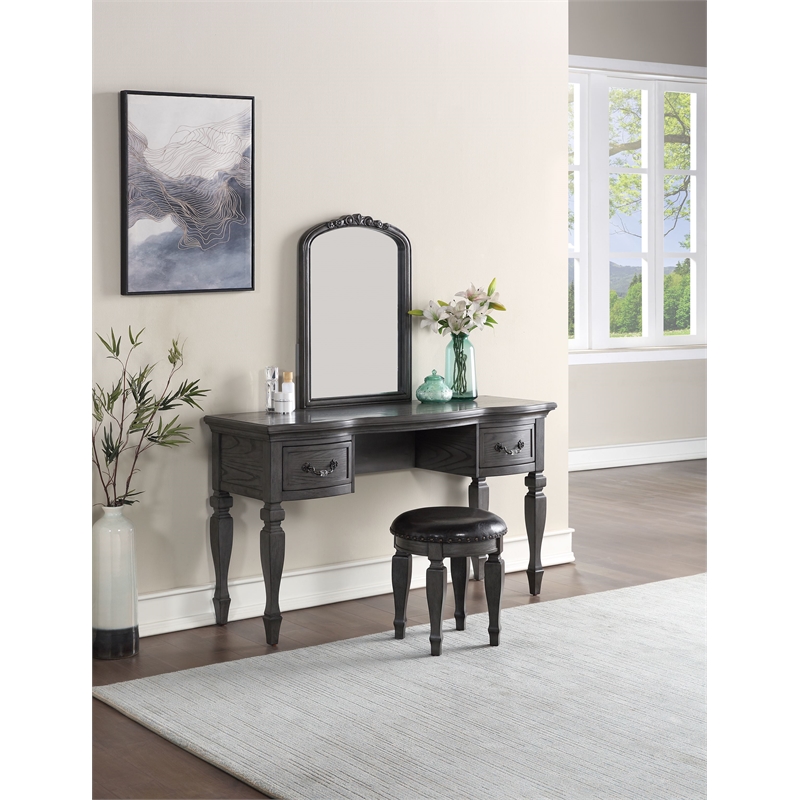 Poundex Furniture Wood Vanity Set with Stool and Mirror in Gray Color