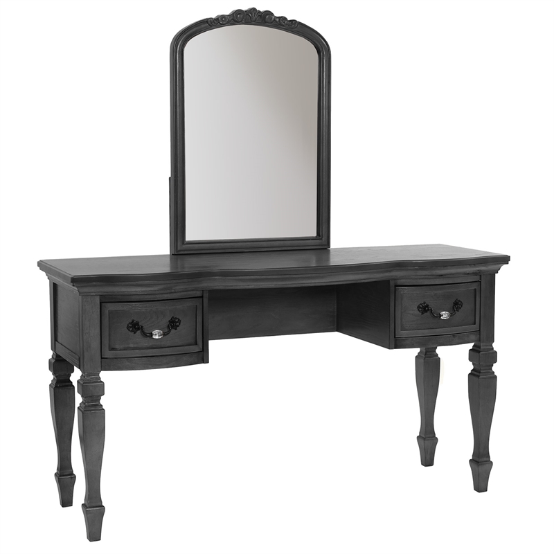 Poundex Furniture Wood Vanity Set with Stool and Mirror in Gray Color