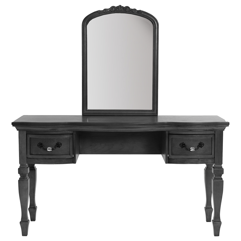 Poundex Furniture Wood Vanity Set with Stool and Mirror in Gray Color
