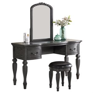 Poundex Furniture Wood Vanity Set with Stool and Mirror in Gray Color
